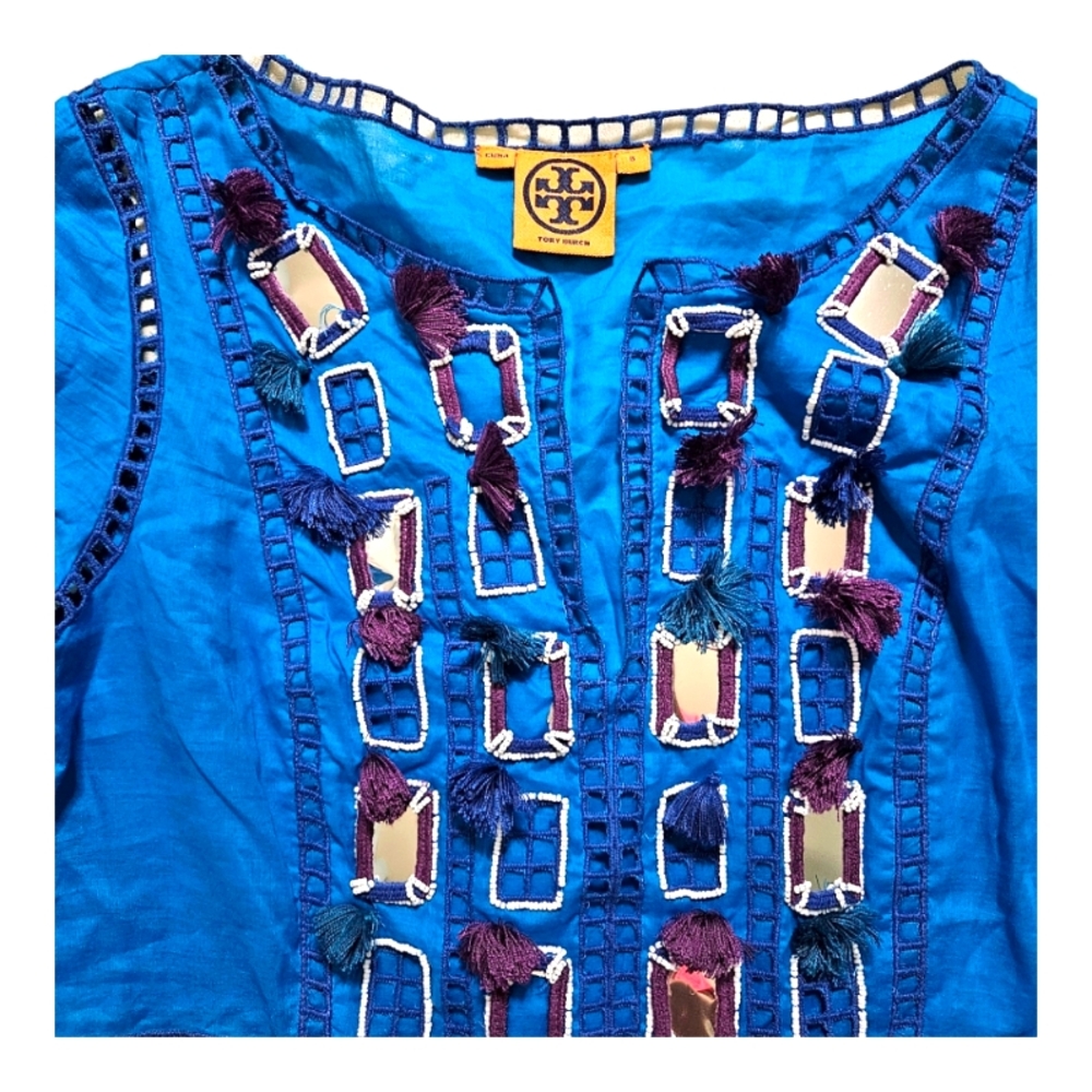 Tory Burch Bright Blue Cotton Blouse with Tassels ad Beads Size 8 *Host Pick*